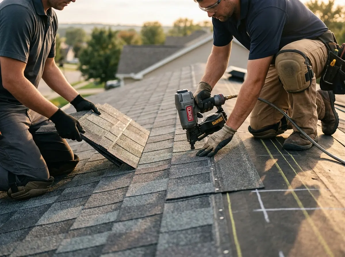 Professional roofer working on a residential roof in Chicopee